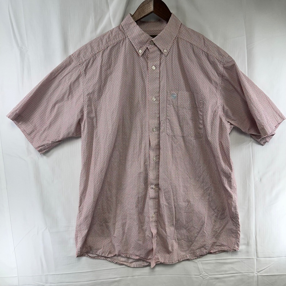Ariat Button Down Shirt Mens Large Red White Blue Geometric Short Sleeve Western